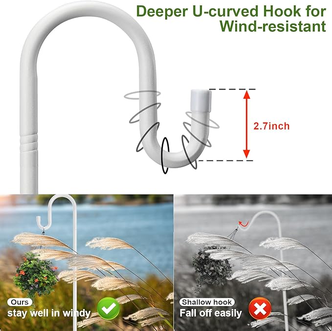 Hummingbird Feeder Pole for Outdoors - Heavy Duty Bird Feeder Stand with Adjustable Stake,62" Rustproof Shepards Poles with Hangers Holder for Birdfeeder,Wind Chimes,Lanterns,Wreaths,White-VerdiqueGarden
