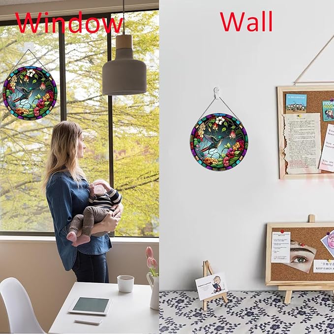 Hummingbirds and Flowers Pattern Suncatcher Stained Glass,Hanging Stained Glass for Windows,20cm/7.87inch Hand-Painted Sun Catcher Garden Hangings Painted Glass Panel Decor Themed Gift-VerdiqueGarden