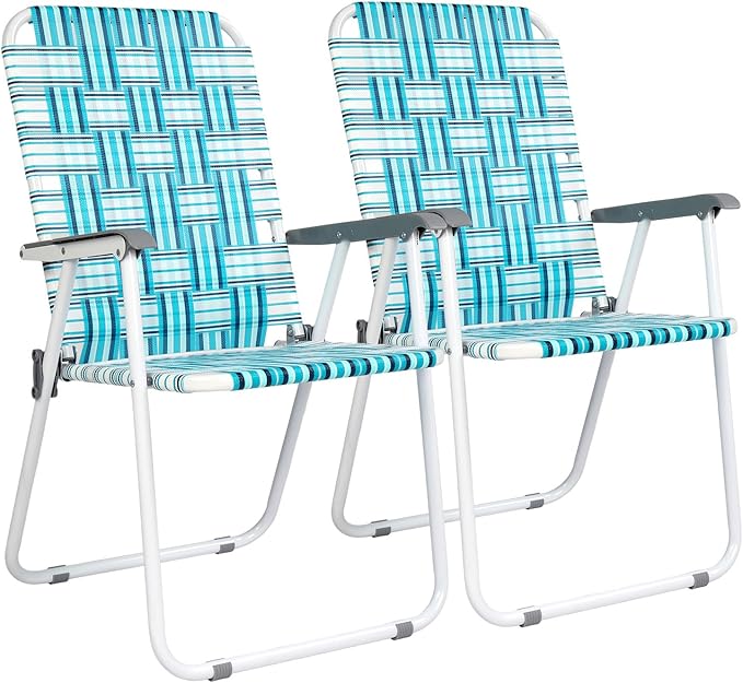 VINGLI Patio Lawn Webbed Folding Chairs Set of 4, Outdoor Beach Chair Portable Dining Chair for Outdoor Yard, Garden (White & Blue, Classic)-VerdiqueGarden