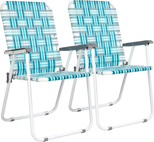 VINGLI Patio Lawn Webbed Folding Chairs Set of 2, Outdoor Beach Chair Portable Dining Chair for Outdoor Yard, Garden (White & Blue, Classic)-VerdiqueGarden