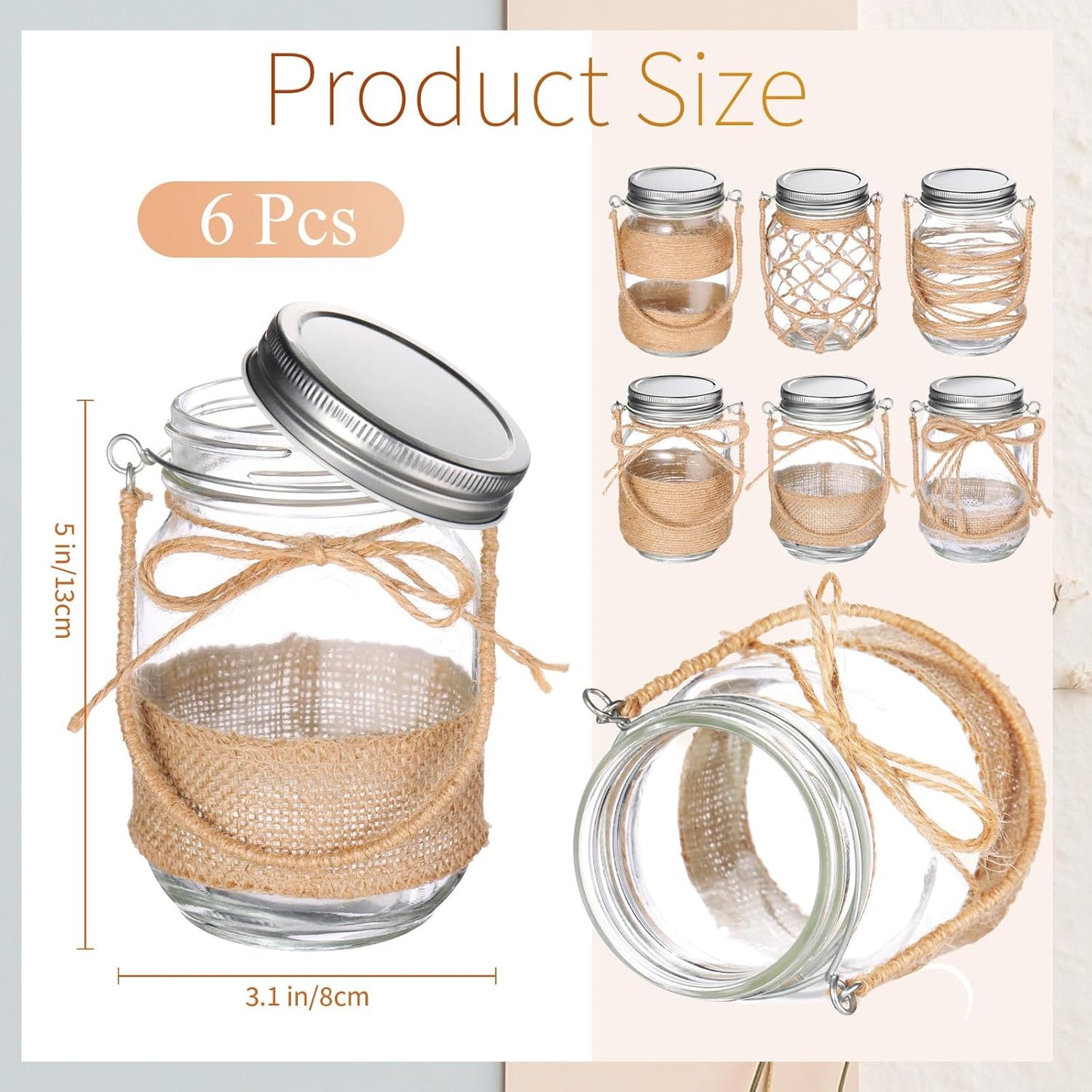 6 Pcs 5 Inch Small Hanging Mason Jars with Handles and Lids Decorative Glass Bottles Rope Net Glass Vase for Home Table Centerpiece Farmhouse Wedding Party decoration-VerdiqueGarden