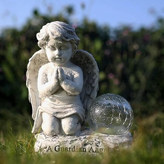 Angel Decor Praying Cherubs Statue, Garden Decor with Solar Crackle Glass Globe for Lawn Patio Decorations-VerdiqueGarden