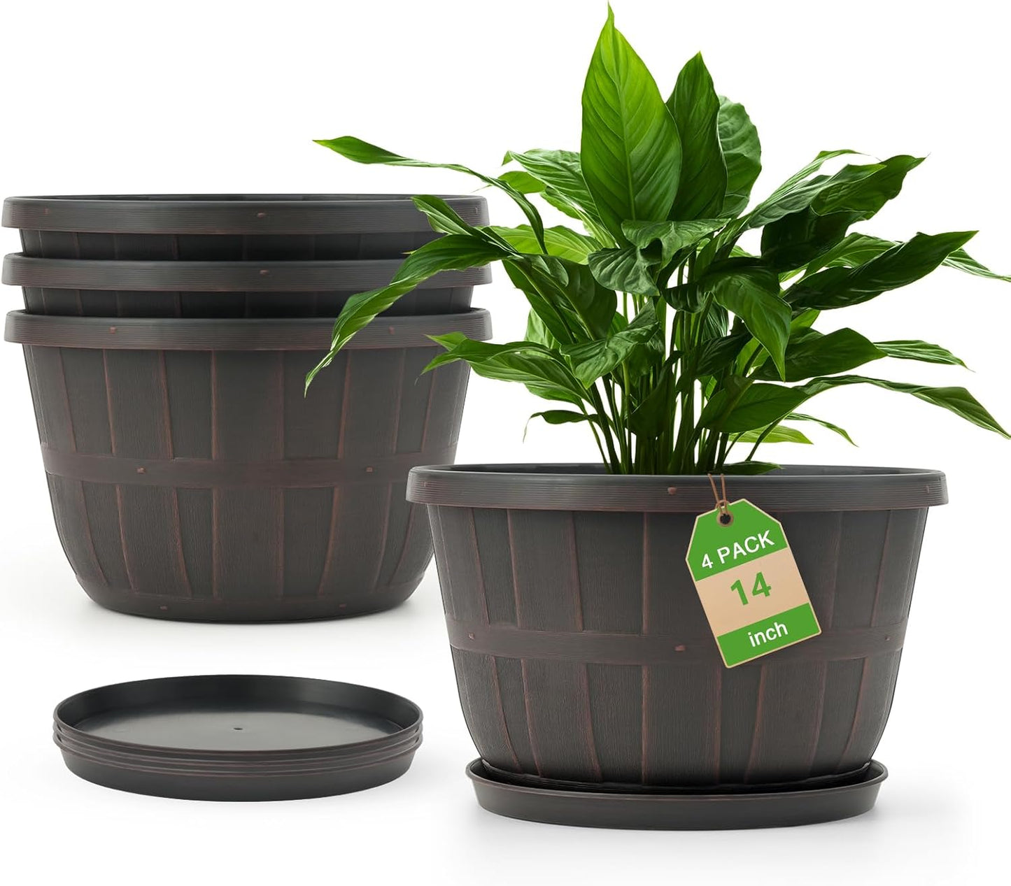 Quarut 14 Inch Plastic-Flower-Pot-for-Indoor-Plants, 4 Pack Large Outdoor Planter Pot with Drainage Holes & Saucers, Resin Decorative Garden Pots Planters（Brown）-VerdiqueGarden