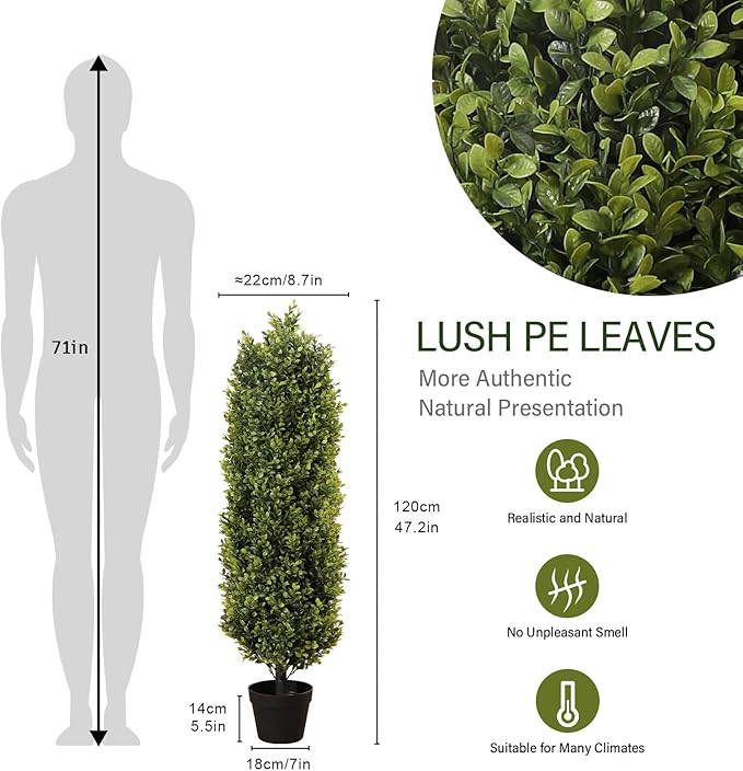 4ft Artificial Boxwood Topiary Trees (Set of 2) - UV Resistant Faux Plants for Outdoor/Indoor, Realistic 48in Fake Bushes and Shrubs for Front Porch, Planter, Patio - Low Maintenance & Evergreen-VerdiqueGarden