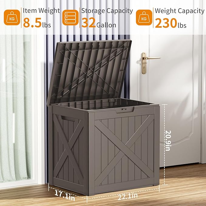 38 Gallon Outdoor Deck Box,Storage Lockable Waterproof Patio Furniture,Garden Tools,Cushions,Pool Accessories Outside Storage Resin Box(GreyX)-VerdiqueGarden