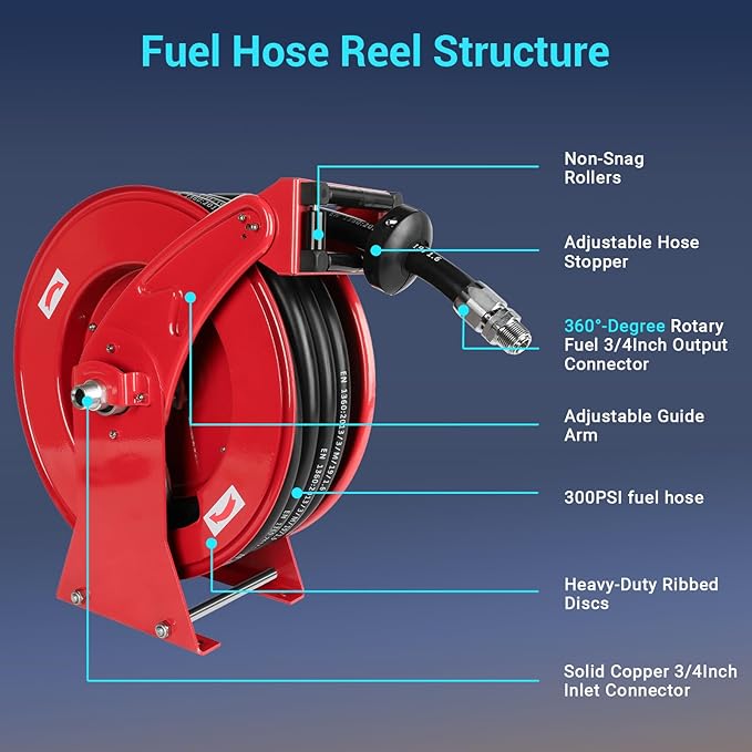 Fuel Hose Reel, 3/4" x 50FT Retractable Diesel Hose Reel, 300 PSI Industrial Heavy Duty Auto Swivel Rewind Hose Holder Reels, for Vehicle Tank Truck Trailer Ship-VerdiqueGarden