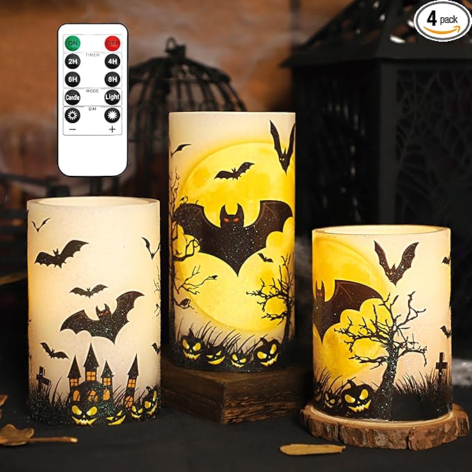 Halloween Decorations LED Candles with Bats Moon Big House Pumpkin Battery Operated Remote Timer Dim Glitter Design Real Wax Realistic Flickering Flameless Pillar for Horror Spooky Decor-VerdiqueGarden