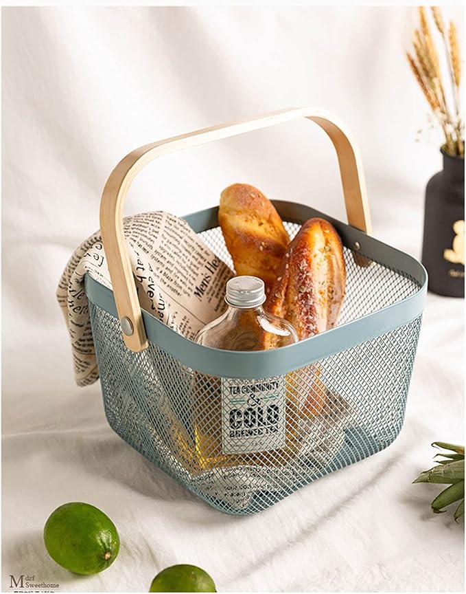 Metal Mesh Steel Basket, Storage Organizer Basket Multi-functional Hanging Kitchen Baskets Fruit Basket Bin with Bamboo Handle for Kitchen Bathroom Picnic Shopping Decor Cabinet Home, Blue-VerdiqueGarden