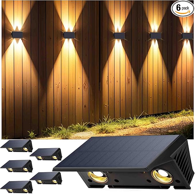 Fence Lights Solar Powered, 6-Pack Solar Fence Lights Up/Down Flexible Buttons, IP67 Waterproof for Outdoor, 120LM Bright, Auto Dusk to Dawn for Wall/Stairs/Yard/Railing/Deck/Pathway (Warm White)-VerdiqueGarden