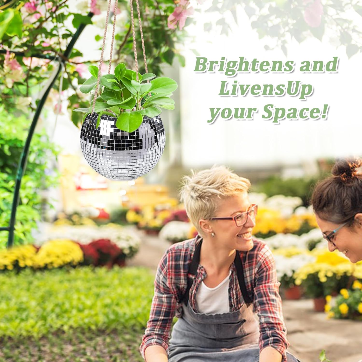 Hanging Planter Mosaic Garden Pot Small Flower Pot for Indoor Plant Disco Ball Hanging Planter with Drainage Sliver Check-VerdiqueGarden