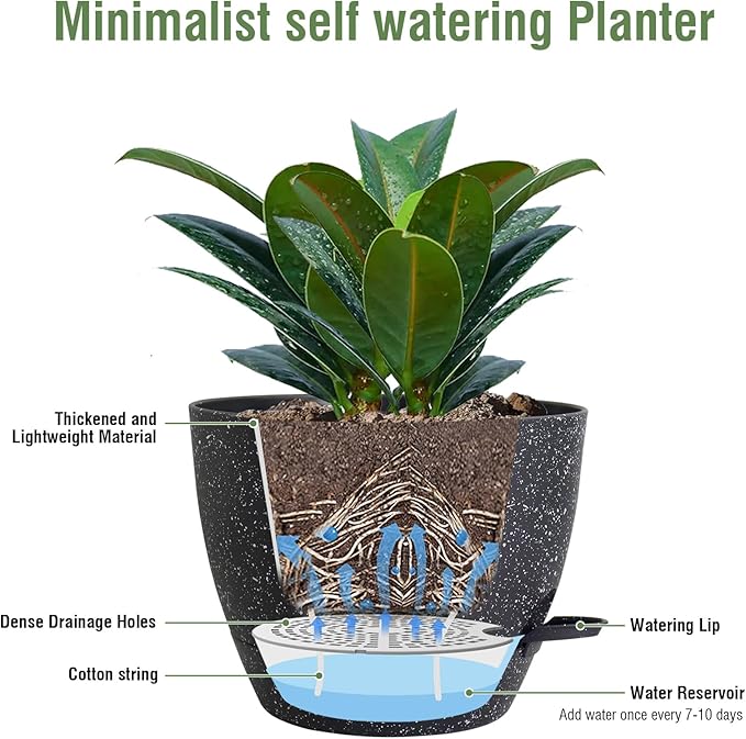 12 inch Large Self Watering Pots for Indoor Outdoor Plants, Flower Plant Pots with Mesh Drainage Holes for Garden House Plants, Plastic Planters with Reservoir for Home Decor, Speckled Black-VerdiqueGarden