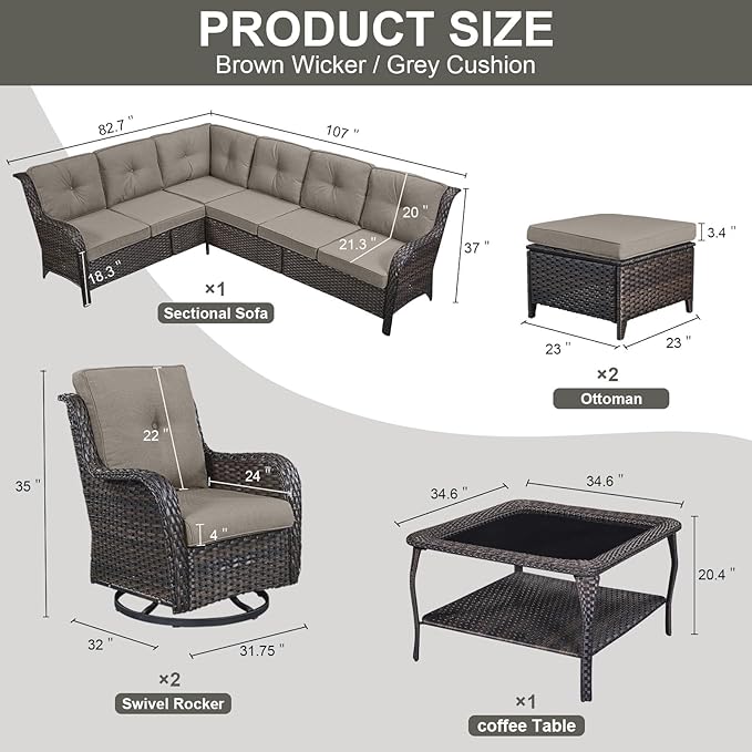 Outdoor Furniture Sectional Sofa L Shaped Couch - Patio Wicker Set with 2 Swivel Glider Chairs, 8 Piece Rattan Patio Conversation Sets with Gray Cushion for Deck Backyard Sunroom Grey Cushion-VerdiqueGarden