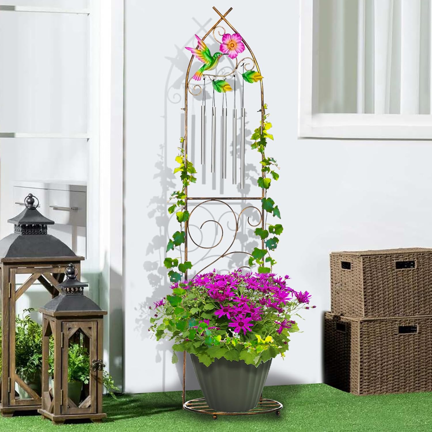 Garden Trellis with Plant Stands, 48” Metal Detachable Hummingbird Plant Pot Trellis with Wind Chimes for Climbing Plants Outdoor Lawn Patio Porches Decor-VerdiqueGarden