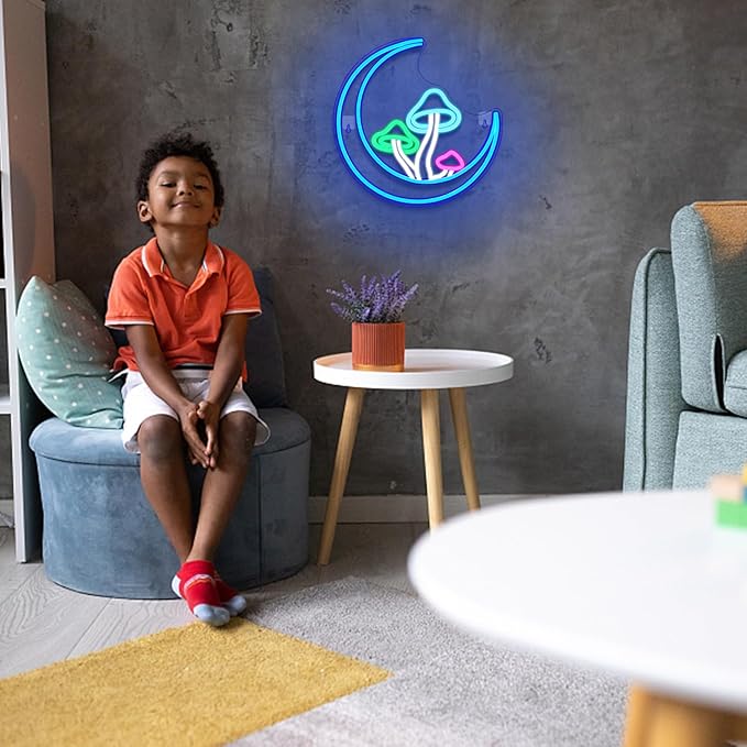 Moon Mushroom Neon Sign Blue Moon Neon Lights for Wall Decor Mushroom Light Up Signs USB LED Signs for Girls room Living Room Kids Room Home Bar Party Shop-VerdiqueGarden