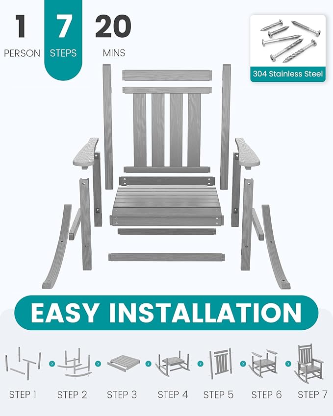 SEWALL HDPE Rocking Chair, Oversized Outdoor Rocking Chair for Adults, Patio Rocker for Porch, Sliver Gray-VerdiqueGarden