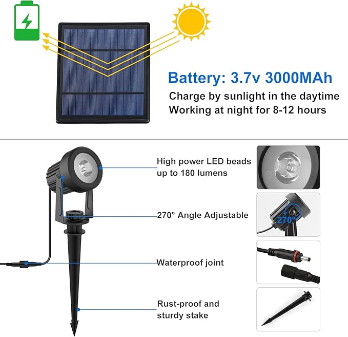 Solar Spot Lights Outdoor, 4-in-1 Solar Landscape Spotlight Waterproof 9.8ft Cable, 5W 3000mAh, Auto ON/Off Adjustable Solar Wall Lights for Yard, Ground, Garden, Pool, Lawn (Cold White)-VerdiqueGarden