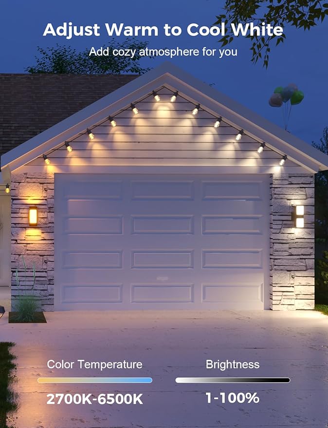XMCOSY+ 48FT Smart Outdoor String Lights - RGBCWIC Dimmable Acrylic Bulbs, Color Changing LED Patio Lights APP WiFi Control, Compatible with Alexa, IP65 Waterproof Outside Lights for Yard Porch-VerdiqueGarden