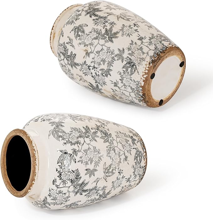 Sungmor Ceramic Flower Vase, Vintage Ice Cracked Glaze Porcelain Vase, Pretty Home Decor Vase for Flower Arrangement, Fresh Flowers, 10.2 Inch Tall Chinoiserie Pottery Vase, Gray Floral Pattern-VerdiqueGarden