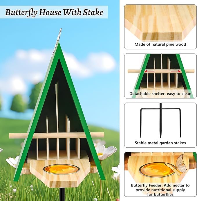 2025 New Butterfly House and Feeder for Outside, Wooden Butterfly House with Metal Stake for Garden, Natural Butterfly Habitat with Butterfly Puddler on The Floor or Hanging on Tree Wall-VerdiqueGarden