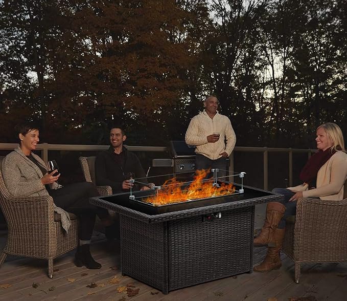 Propane Fire Pit Table,44 Inch 55000 BTU Outdoor Gas Fire Pit Rectangular with Glass Wind Guard for Outside Patio Deck (Brown-Glass Top)-VerdiqueGarden