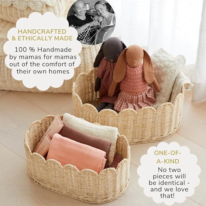 BEBE BASK Premium Scalloped Basket Set Of 2 - Scallop Basket - 16 x 10 x 7 Inch - Hand-Woven Elegant Wicker With Scalloped Edge - Nursery Storage (Natural)-VerdiqueGarden