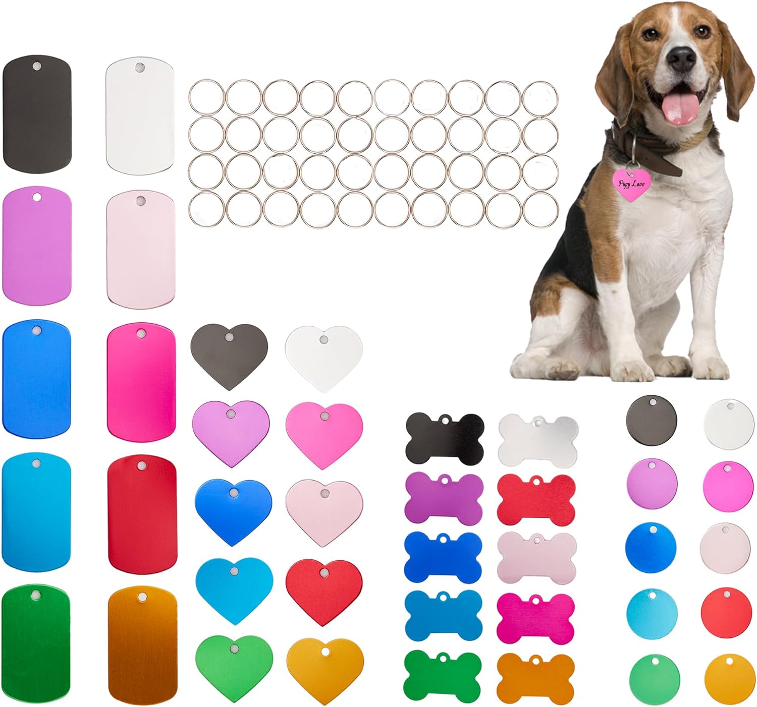 [Press TX Art] 40 Pcs Round(Circle), Bone, Rectangle, Heart Anodized Aluminum Stamping Blanks Tags 10 Mixed Colors Metal Engraving ID Name Tags with Rings (4 Types of Shapes in 10 Colors)-VerdiqueGarden