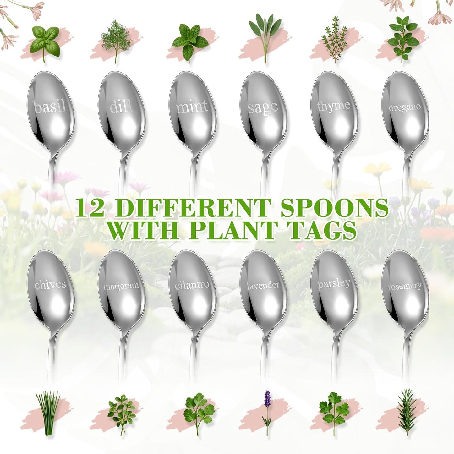 Bucherry 12 Pcs Metal Plant Label Signs, Spoon Shape Planted Herb Markers Garden Labels with Herb Names for Nursery Indoor Outdoor Garden Decoration, Stainless Steel, 12 Styles, 6.8" x 1.4"-VerdiqueGarden