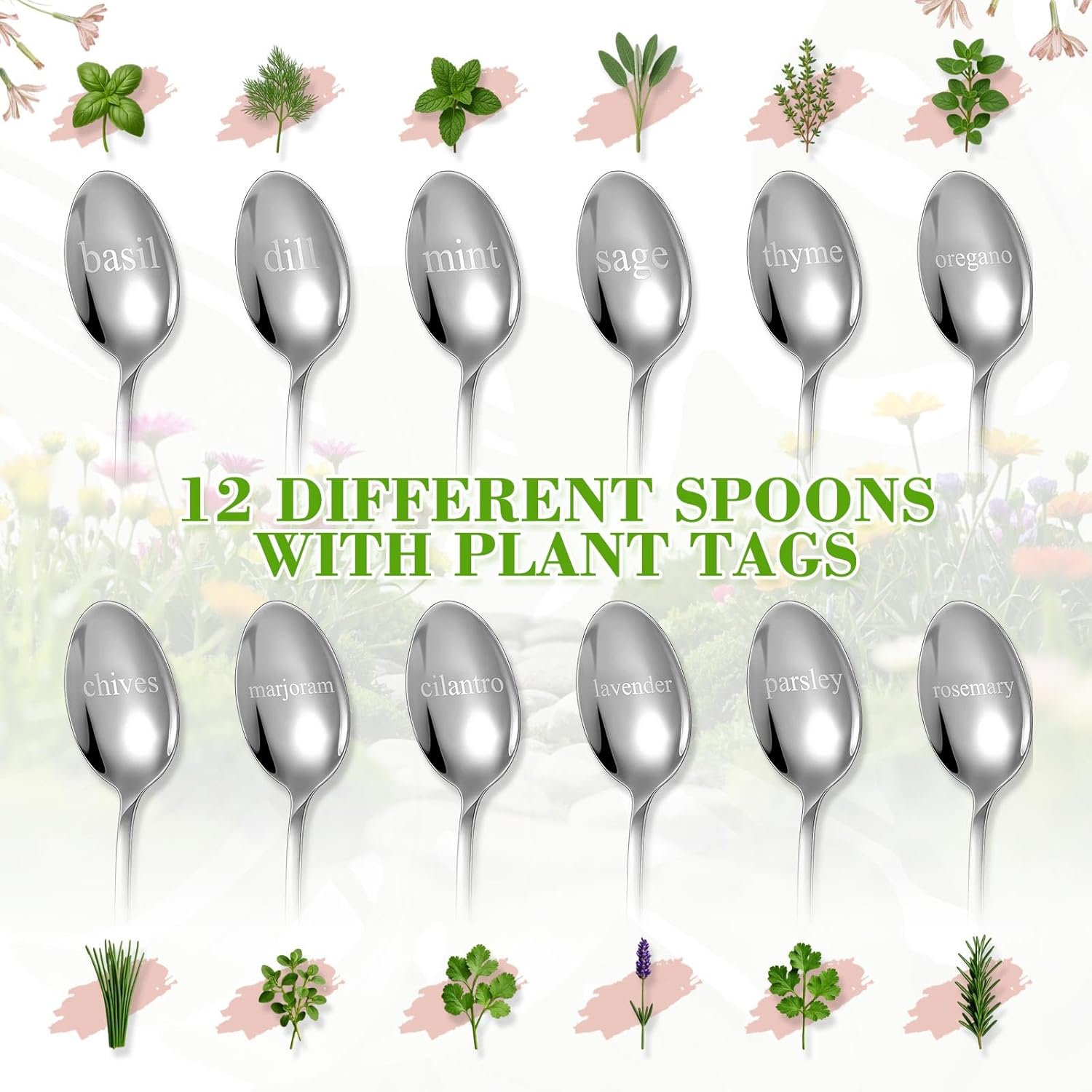 Bucherry 12 Pcs Metal Plant Label Signs, Spoon Shape Planted Herb Markers Garden Labels with Herb Names for Nursery Indoor Outdoor Garden Decoration, Stainless Steel, 12 Styles, 6.8" x 1.4"-VerdiqueGarden