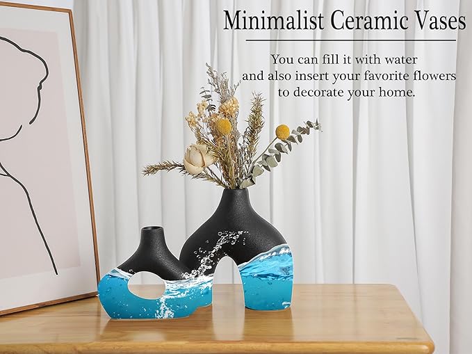 CEMABT Black Ceramic Vase Set of 2 for Modern Minimalist Bohemian Decor，Round Matte Donut Vases for Pampas Grass-Perfect for Living Room, Dining Table, Office Bedroom Shelf Decor Entryway, Console-VerdiqueGarden