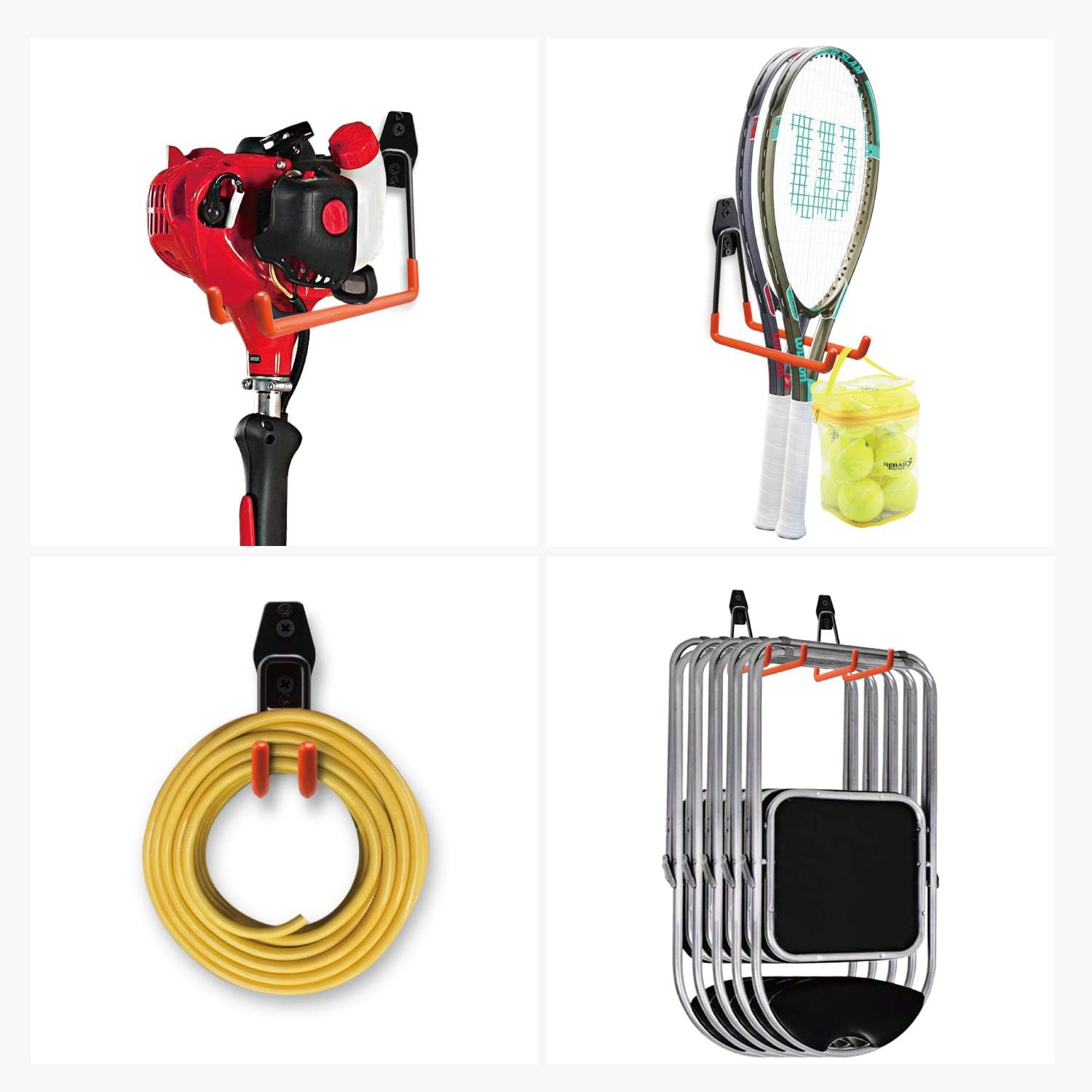 Garage Hooks, 12 Pack Wall Storage Hanger with 2 Extension Cord Straps, Heavy Duty Tool Holder for Utilities Organization, Wall Mount Rack for Garden Lawn Tools, Ladders, Bike, Ski (Orange)-VerdiqueGarden