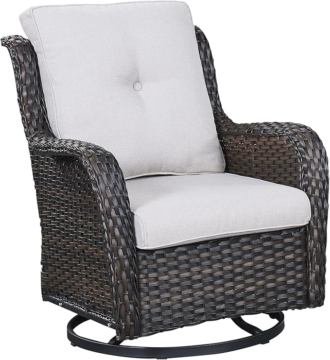Outdoor Patio Swivel Rocker Chairs - Single Wicker Rattan Patio Swivel Rocking Chair with High Back,Deep Seating and Comfort Cushions for Deck Porch Garden,Brown/Beige-VerdiqueGarden