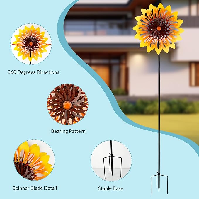 Sunflower Wind Spinners, 360 Degrees Swivel Metal Wind Sculptures, 76" Large Garden Pinwheels for Yard Lawn Patio Decor-VerdiqueGarden