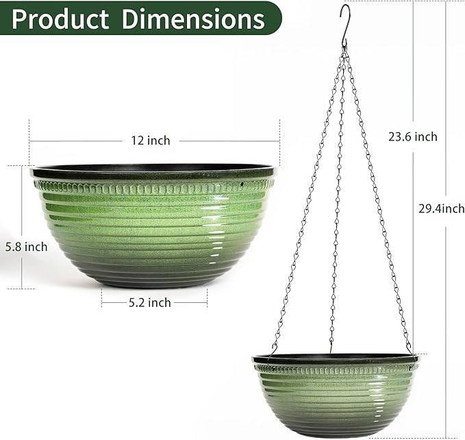 12 inch Hanging Planters for Indoor Outdoor Plants, 2 Pack Large Hanging Flower Pots with Drainage Holes and Chain, Glazed Hanging Baskets for Home Garden Decoration, Green-VerdiqueGarden