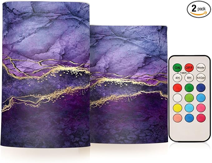 Flickering Flameless Candles, Purple Marble with Golden Veins LED Candles with Remote Timer, Set of 2 Battery Operated Candle for Valentine Wedding Birthday-VerdiqueGarden