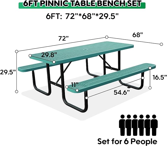 6FT Metal Picnic Tables for Outdoors, Commercial Rectangular Picnic Table and Bench Set for Outside, Patio, Garden, Backyard, Porch, Surface Mount, Green-VerdiqueGarden