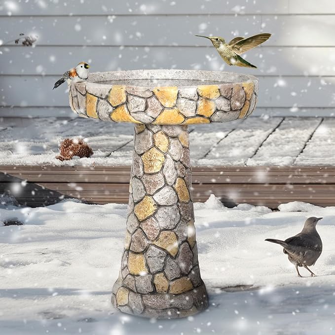 SKYFIRE Stone Like Outdoor Bird Bath - Concrete Freestanding Patio Birdbath with Pedestal for Garden, Patio, Yard, Lawn - 18.8”L X 18.8”W X 24”H Rustic Faux Stone Pedestal Outdoor Garden Birdbaths-VerdiqueGarden