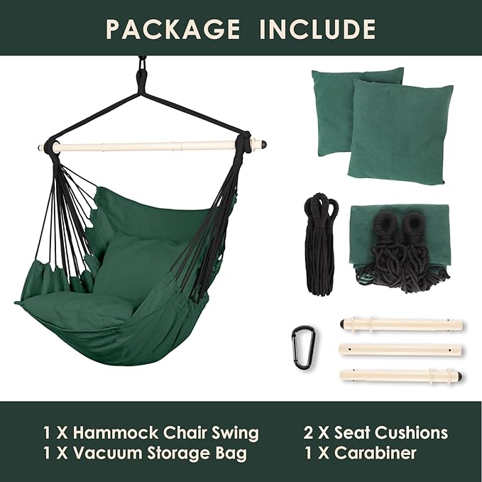 Highwild Hammock Chair Hanging Rope Swing - Max 500 Lbs - 2 Cushions Included - Steel Spreader Bar with Anti-Slip Rings - for Any Indoor or Outdoor Spaces (Green)-VerdiqueGarden