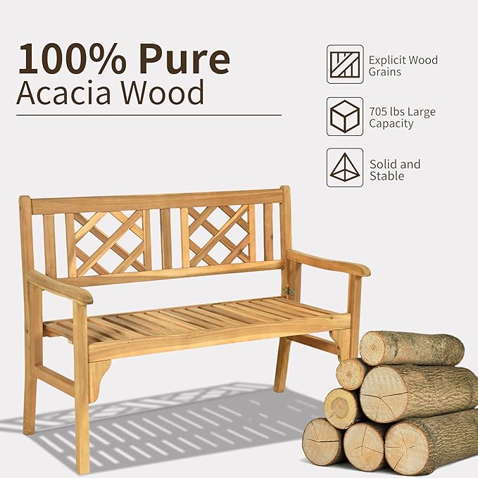 Tangkula Folding Outdoor Wood Garden Bench, Foldable Acacia Wood Patio Bench with Wide Curved Armrest & Backrest, Outside 2-Person Loveseat Chair for Entryway, Yard, Deck, Balcony & Park-VerdiqueGarden