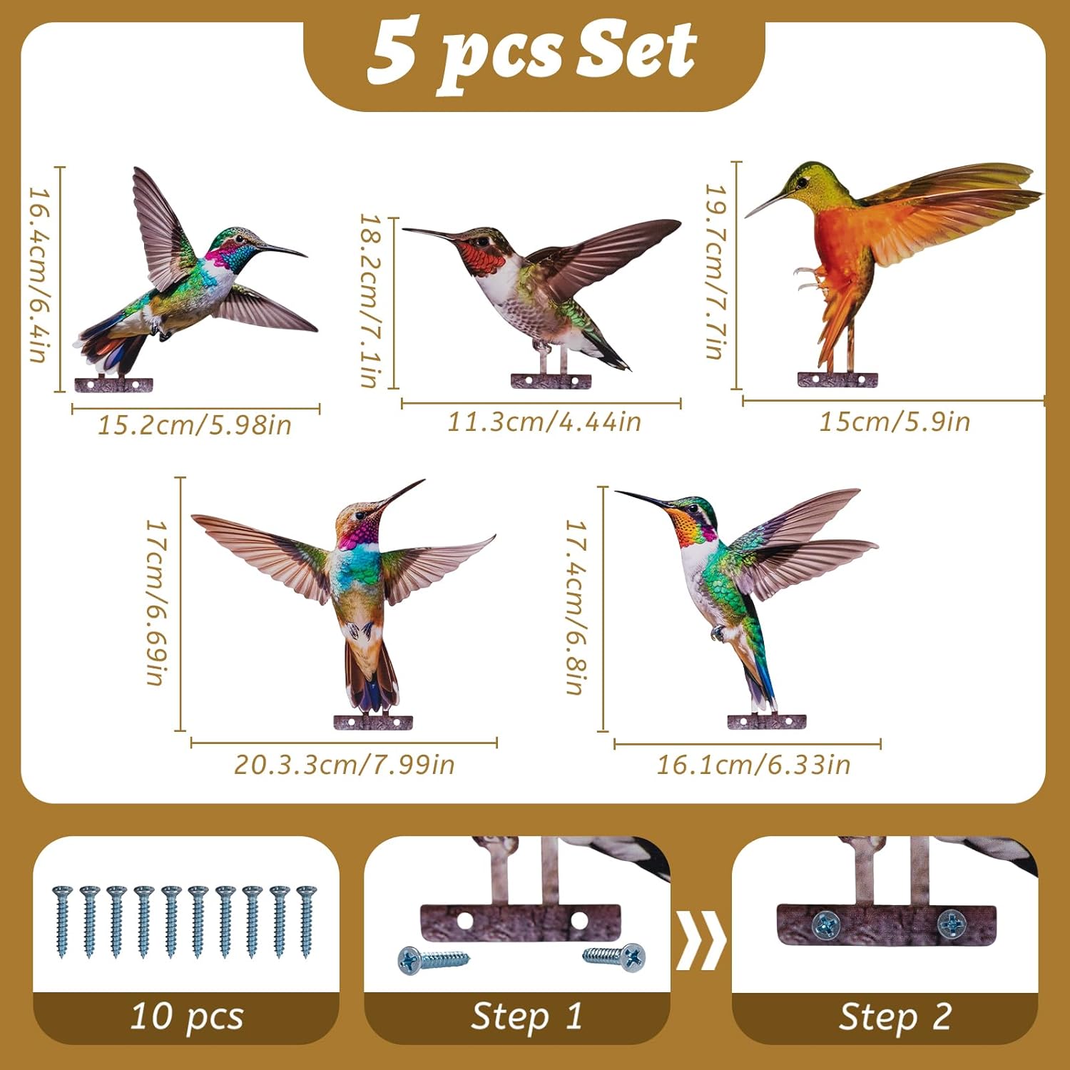 HUYIENO 5PCS Vibrant Metal Bird Decorations Colorful 2D Garden Fence Ornaments for Outdoor Patio & Bird Lovers Hummingbird-VerdiqueGarden