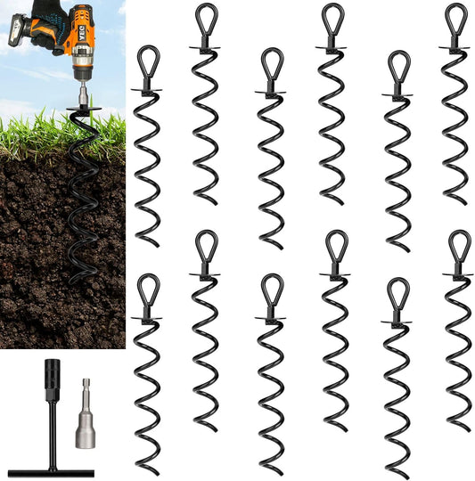 12 PCS 15.3 Inch Ground Anchors Heavy Duty for High Winds Screw in Earth Anchor Swing Set Spiral Auger Stakes for Tent Trampoline Tree Garden Fence Sheds Swingset, Easy Use with Drill-VerdiqueGarden