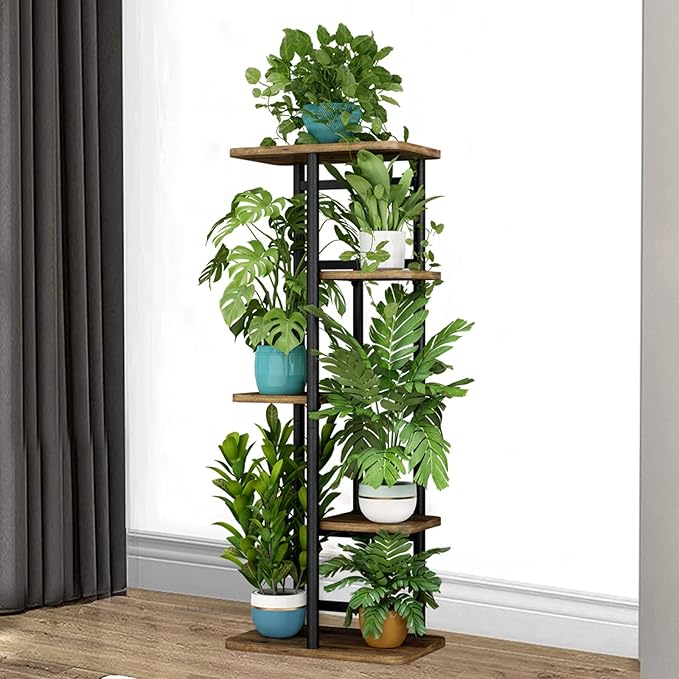 LINZINAR Plant Stand 5 Tier 6 Plant Multiple Flower Rack Holder Shelves Rack Storage Organizer Display Indoor Planter for Balcony Bedroom Patio Garden Living Room, Black-VerdiqueGarden