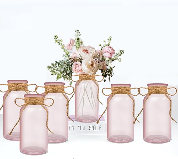 Vintage Glass Flower Vase，6 Pack Pink Farmhouse Glass Centerpiece Vases Mason Jars for Weddings, Parties & Home Decor Bulk (6, Pink)-VerdiqueGarden