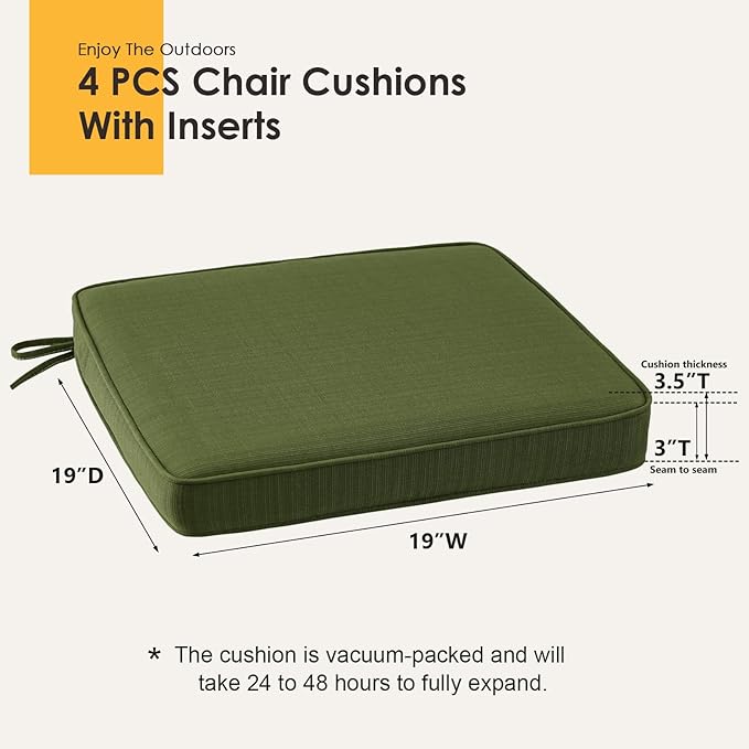 Outdoor Square Corner Seat Cushion, 19"x19"x3", Set of 4, Non Slip Seat Cushion Pads with Removable Cover for Patio Furniture, Garden Yard Lawn, Deep Forest Green-VerdiqueGarden