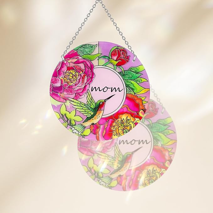 Hummingbird Gifts for Mom, Stained Glass Bird Window Hangings, Sun Catcher Ornament Hanging for Windows, Hummingbird Suncatcher for Women, Mother's Day Birthday Christmas (Suction Cup, 6in)-VerdiqueGarden