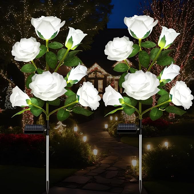 2 Pack Solar Garden Lights Outdoor, 7-Flower Rose LED Stake Light for Yard Patio Pathway Lawn Fence Cemetery, White-VerdiqueGarden