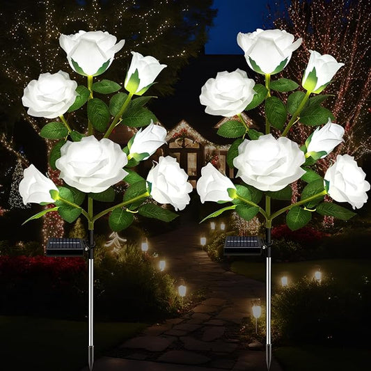 2 Pack Solar Garden Lights Outdoor, 7-Flower Rose LED Stake Light for Yard Patio Pathway Lawn Fence Cemetery, White-VerdiqueGarden