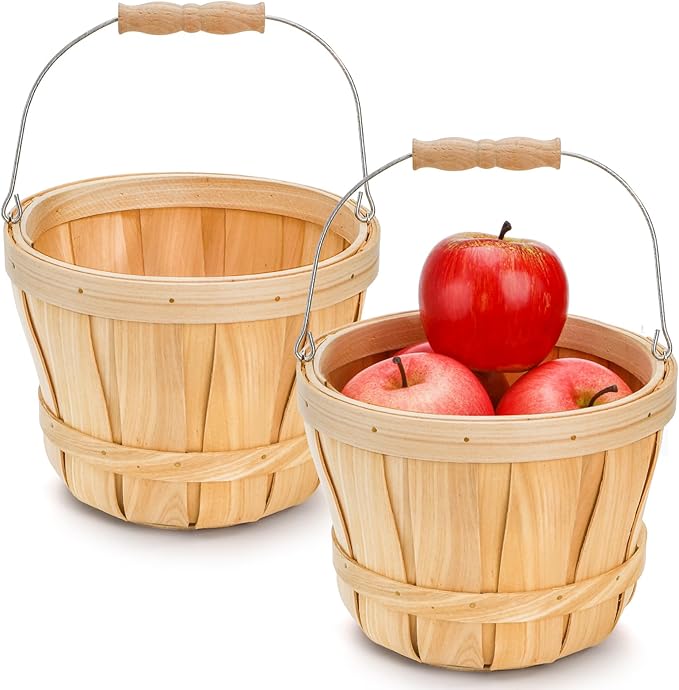 Okllen 2 Pack Round Wooden Baskets with Handle, Empty Wood Fruit Buckets, Easter Basket Fall Harvest Basket for Display Fruits Vegetables, Home Garden and Party Supplies, Natural Color-VerdiqueGarden