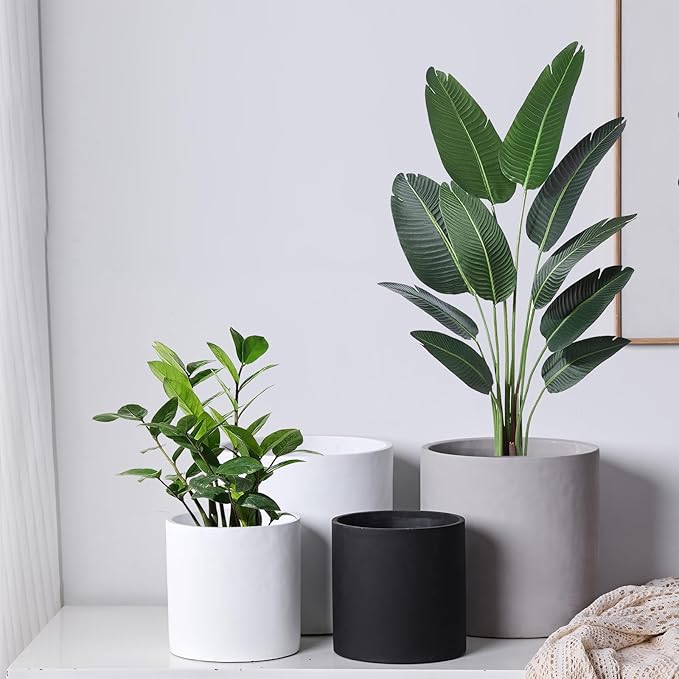 11 Inch Pot for Plants, Large Cement Planter with Drainage Hole, Mid-Century Modern Concrete Flower Pots for Home Decor, Office & Outdoor (White)-VerdiqueGarden
