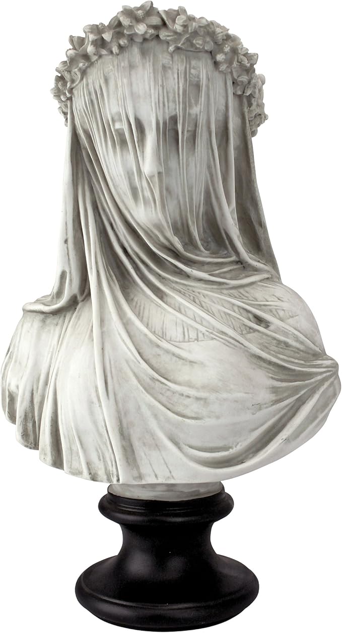Design Toscano Veiled Maiden Indoor Bust Statue, 9 Inch Wide, 14 Inch Tall, Cast Stone Resin, Antiqued White Finish with a Black Painted Base-VerdiqueGarden