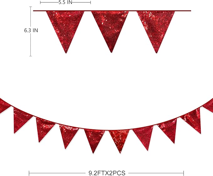 Red Party Decorations Double Sided Sequin Red Triangle Pennant Banner Flag Bunting Garland for Birthday Graduations Anniversary Wedding Engagement Bachelorette Valentines Bridal Shower Hen Party Decor-VerdiqueGarden